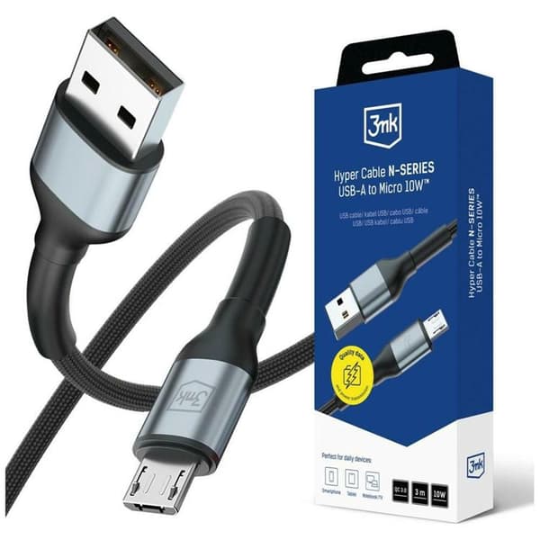 3MK USB-A til Micro-USB 10W Kabel 5V/2A 3m N-SERIES Hyper - Sort