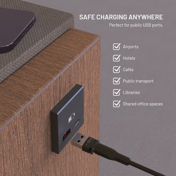 FIXED Data Blocker 2i1 USB-A & USB-C 240W til sikker opladning Sort