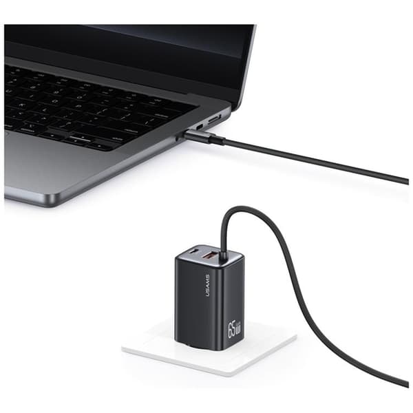 USAMS Hurtigoplader 65W 2xUSB-C 1xUSB-A GaN JC - Sort
