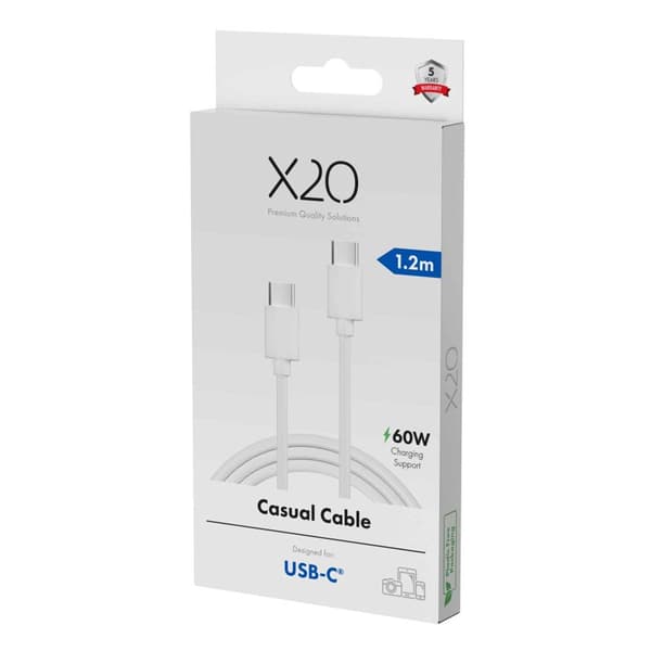 X2O Basic 60W USB-C/C-kaapeli 1,2 m valkoinen