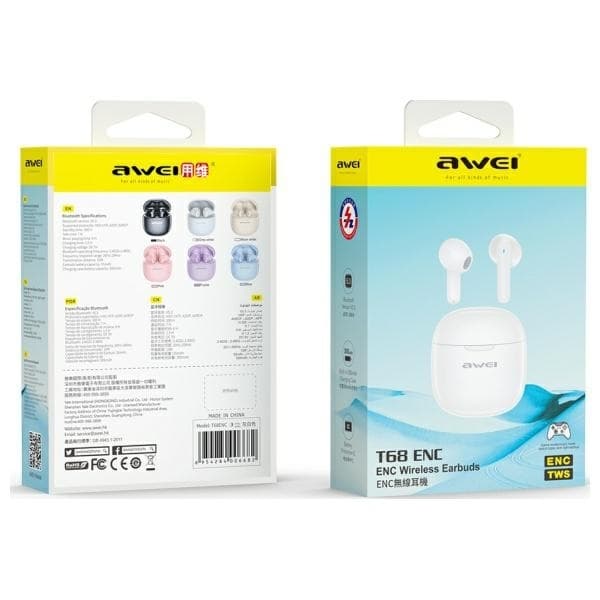 AWEI T68 ENC Bluetooth Hörlurar 5.3 TWS + docka - Vit