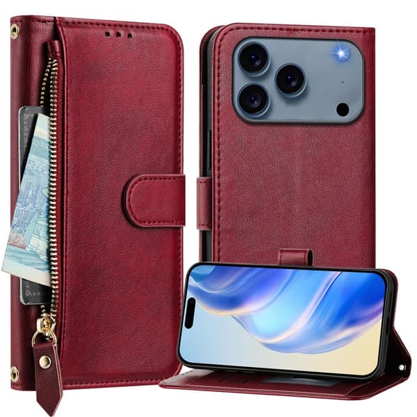 iPhone 17 Pro Plånboksfodral Zipper Pocket Läder - Röd