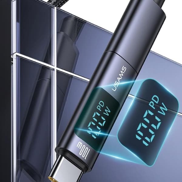 USAMS USB-C–USB-C-adapter 100W näytöllä – Teräs