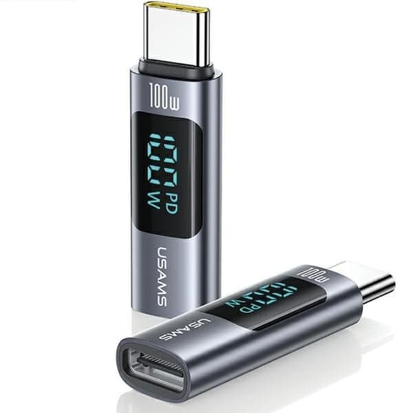 USAMS USB-C–USB-C-adapter 100W näytöllä – Teräs