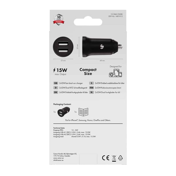 X2O 2x12W dobbelt biloplader USB-A/A sort