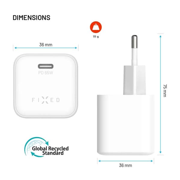 FIXED Super Hurtig Mini Hjemmeoplader USB-C PD 65W Hvid