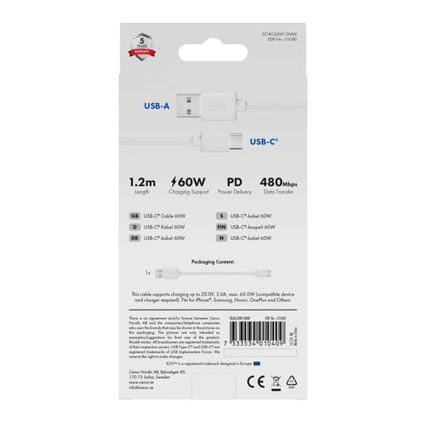 X2O Basic USB-A/C 60W-kaapeli 1,2 m valkoinen
