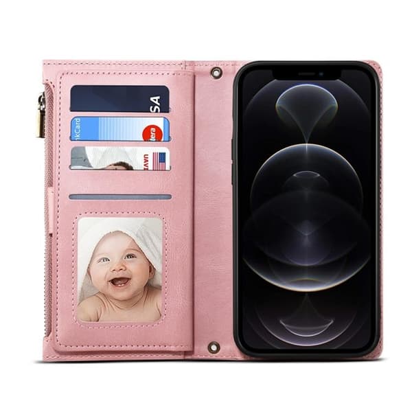 iPhone 14 Pro Plånboksfodral Flap Zipper Strap - Rosa