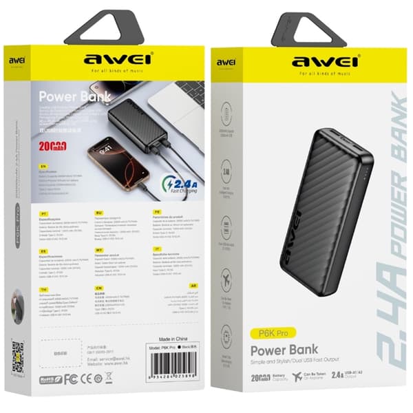 Awei Powerbank 20000mAh 2xUSB-A 1xUSB-C P6K Pro - Musta