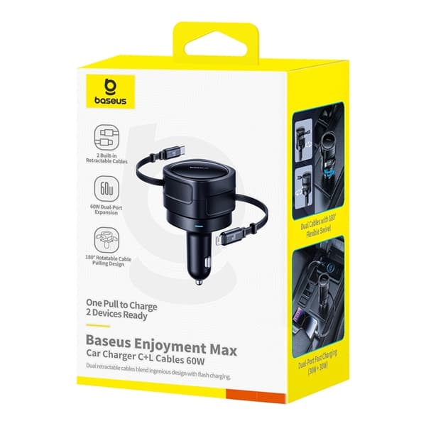 Baseus Biloplader USB-C Til Lightning Kabel Udtrækkelig 60W - Sort