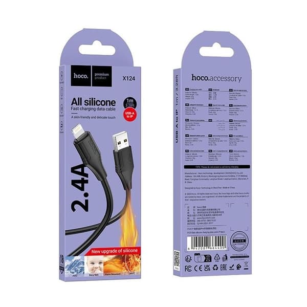 HOCO USB-A til Lightning Kabel 2.4A 1m Silikone X124 - Sort