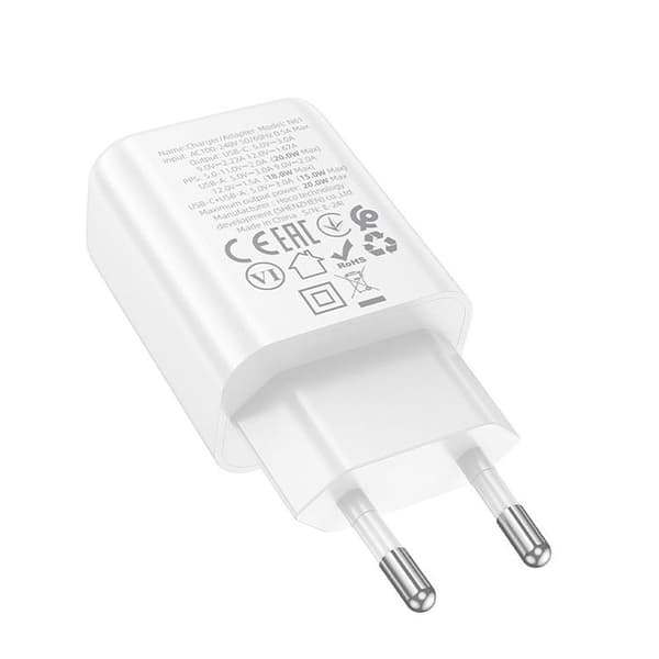Hoco Snabbladdare 20W 1xUSB-A 1xUSB-C PD QC3.0 3A N61 - Vit