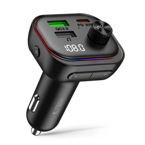 Tech-Protect Biloplader CC07 3-Port PD 54W + FM Bluetooth-sender - Sort