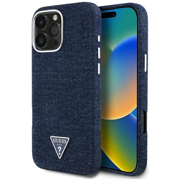 Guess Telefontaske til iPhone 16 Pro MagSafe Denim Triangle - Blå