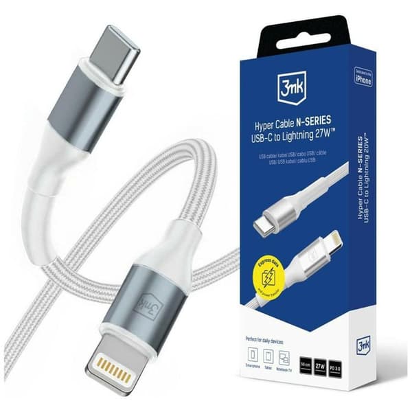 3MK USB-C til Lightning 27W Kabel 9V/3A 5m N-SERIES Hyper - Hvid