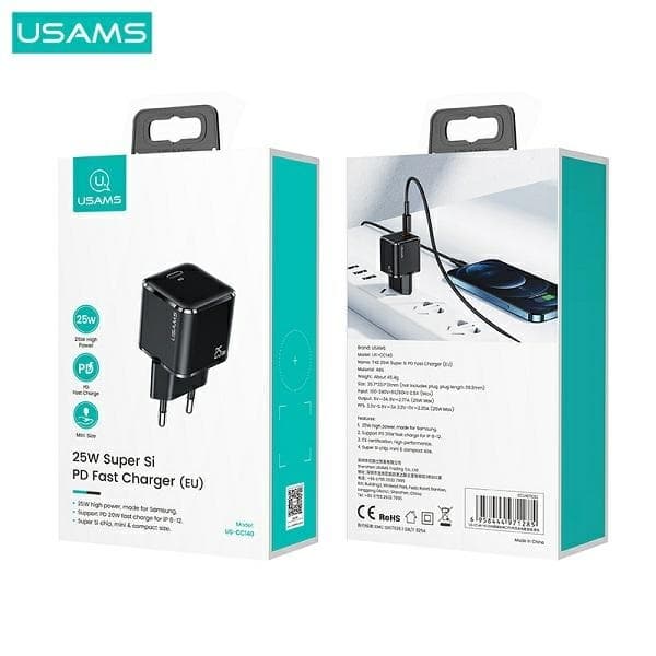 USAMS Vægoplader 1xUSB-C T42 Mini 25W Super SI PD3.0 Sort