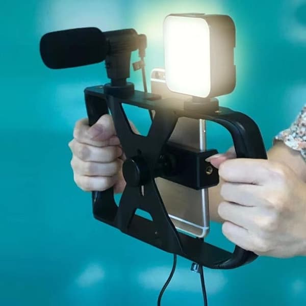 Selfie Stick med stativ til live udsendelse med LED-blitz og mikrofon
