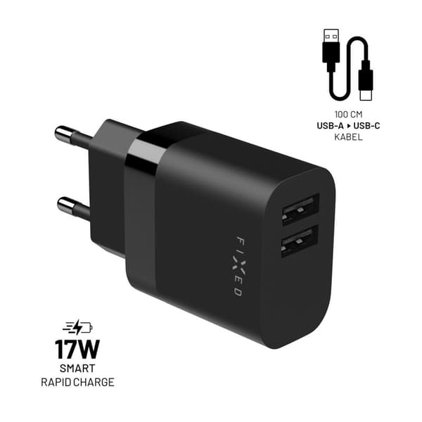 FIXED Hjemmeoplader 2x USB-A 17W/USB-C kabel 1m Sort