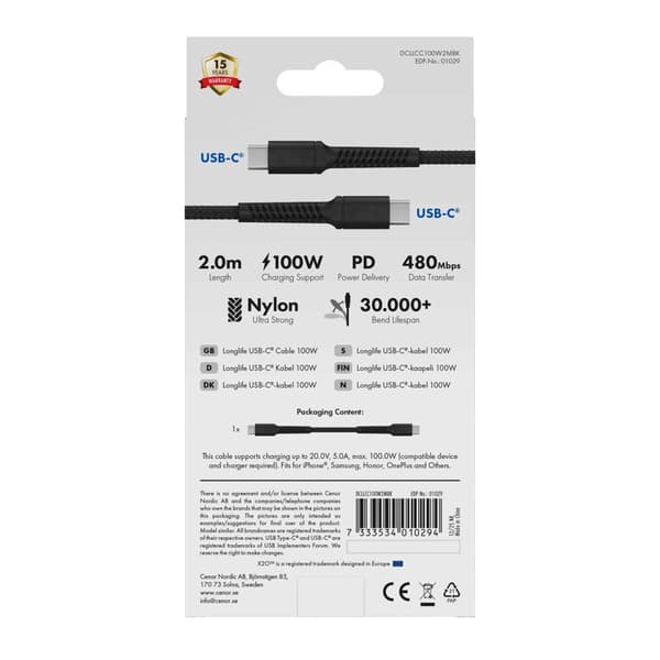 X2O Longlife 100W USB-C/C-kabel 2 m sort