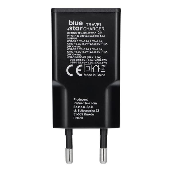 Blue Star Hurtigoplader PD 30W 2xUSB-C GaN QC4.0 3A - Sort