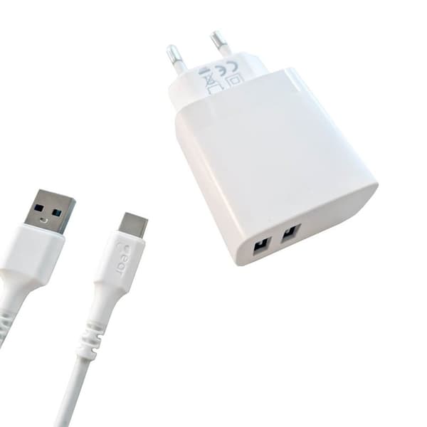 GEAR Oplader 220V 2xUSB 3.4A Hvid USB-C 2.0 Kabel 1m
