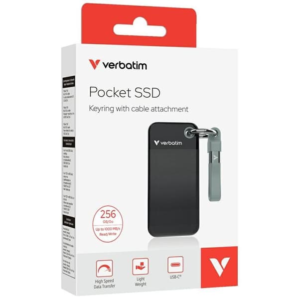 Verbatim Ekstern harddisk Pocket SSD 256GB USB-C 3.2 Gen 2 - Sort/Grå
