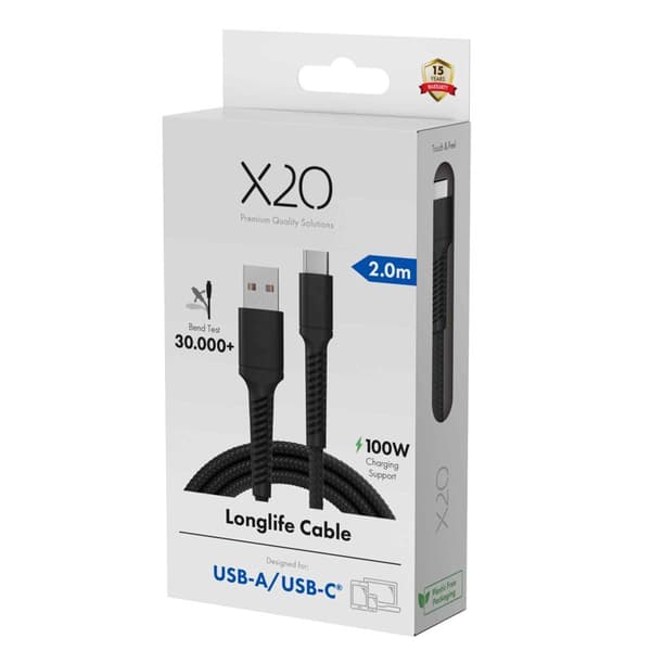 X2O Longlife 60W USB-A/C-kabel 2 m sort