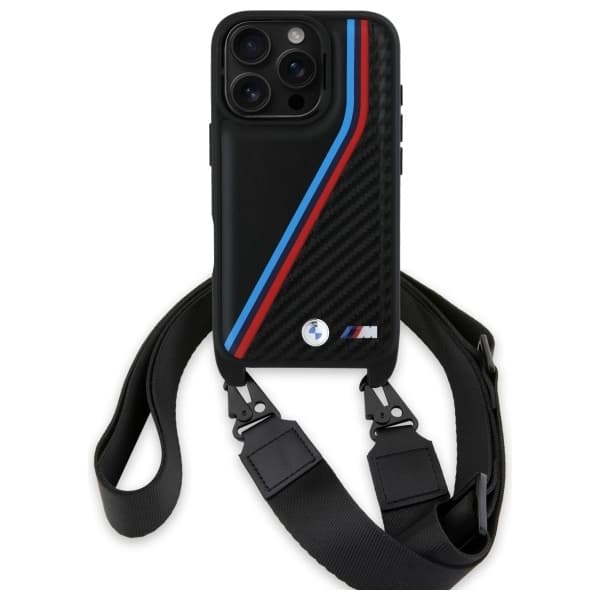 BMW-puhelinkotelo iPhone 16 Pro Max Carbon Tricolor & Strap - Musta
