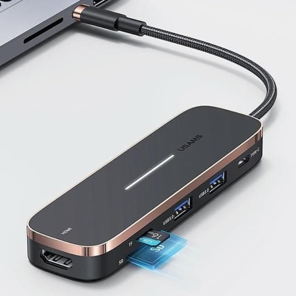 USAMS Adapter Hubb 2xUSB-A USB-C HDMI MicroSD SD - Svart