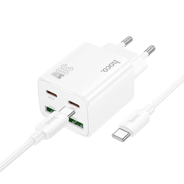 Hoco Hurtigoplader PD 30W 2xUSB-A 2xUSB-C QC3.0 3A med USB-C Kabel N56 - Hvid