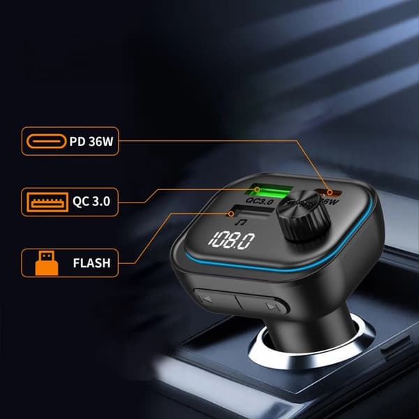 Tech-Protect Biloplader CC07 3-Port PD 54W + FM Bluetooth-sender - Sort