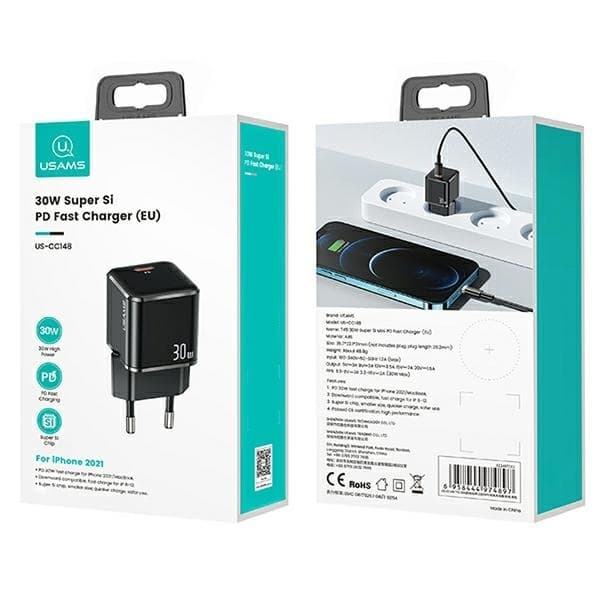 USAMS Vægoplader 1xUSB-C T45 Mini 30W PD3.0 (US-CC148) – Sort