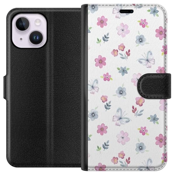 Apple iPhone 15 Plus tegnebog med blomster og sommerfugle
