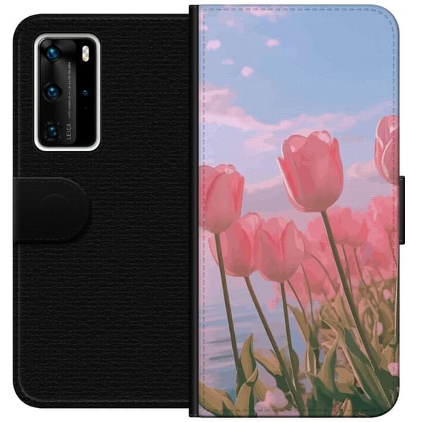 Pung Taske til Huawei P40 Pro med Lyserøde Tulipaner