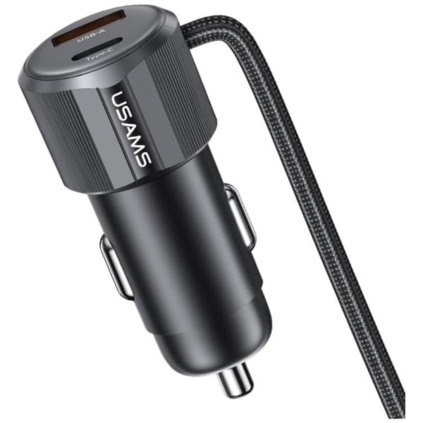 USAMS biloplader 66W 1xUSB-A 1xUSB-C med USB-C/Lightning-kabel