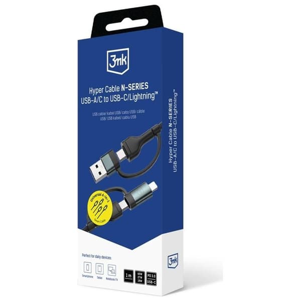 3MK USB-A/USB-C - USB-C/Lightning 60W kaapeli 9V/2A 1.2m Hyper - Musta