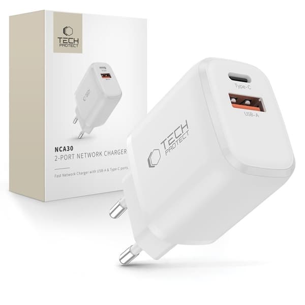 Tech-Protect Väggladdare Adapter USB-A/USB-C 30W - Vit