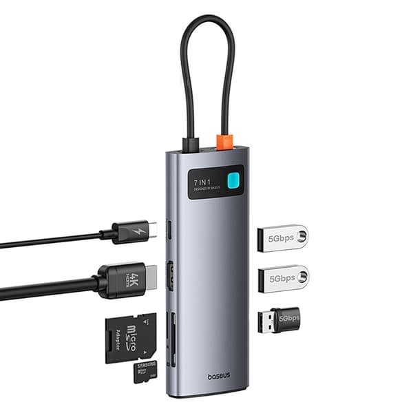 Baseus 7i1 HDMI-Hub USB-C PD 4K 60Hz USB-C 3xUSB 3.0 SD microSD - Grå