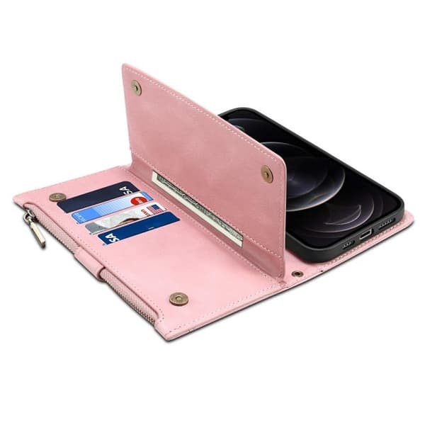 iPhone 14 Pro Plånboksfodral Flap Zipper Strap - Rosa