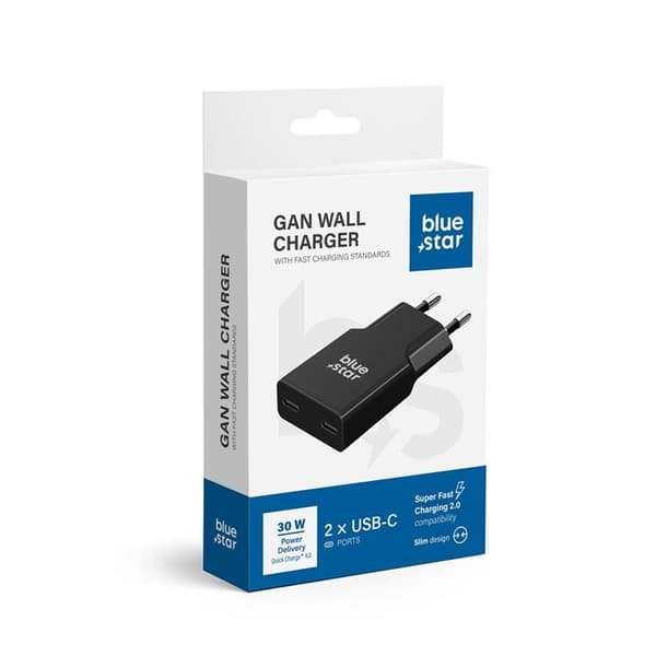 Blue Star Hurtigoplader PD 30W 2xUSB-C GaN QC4.0 3A - Sort
