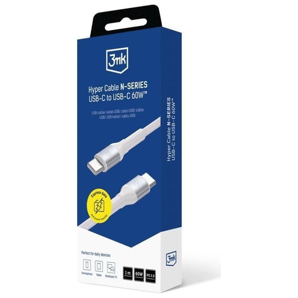 3MK USB-C til USB-C 60W Kabel 20V/3A 1m N-SERIE Hyper - Hvid