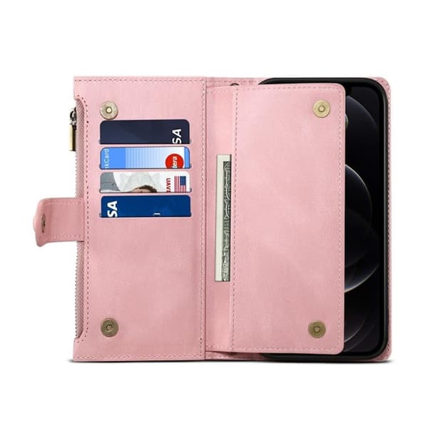 iPhone 14 Pro Plånboksfodral Flap Zipper Strap - Rosa