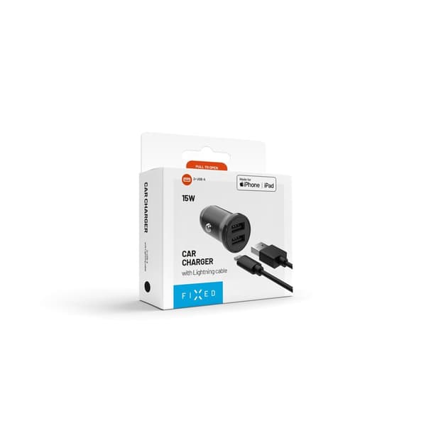 FIXED Mini Billaddare 2x USB-A 15W/Lightning kabel 1m