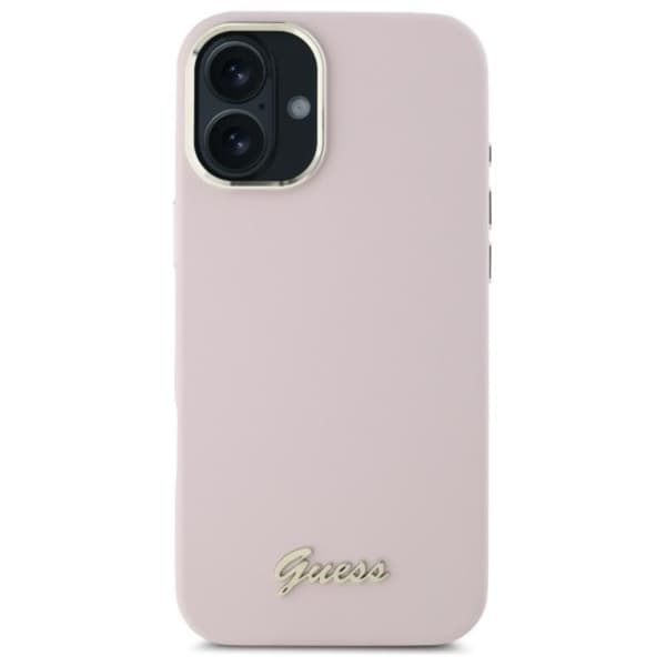 Guess telefontaske til iPhone 16 Silicone Script Metal Logo - Lyserød