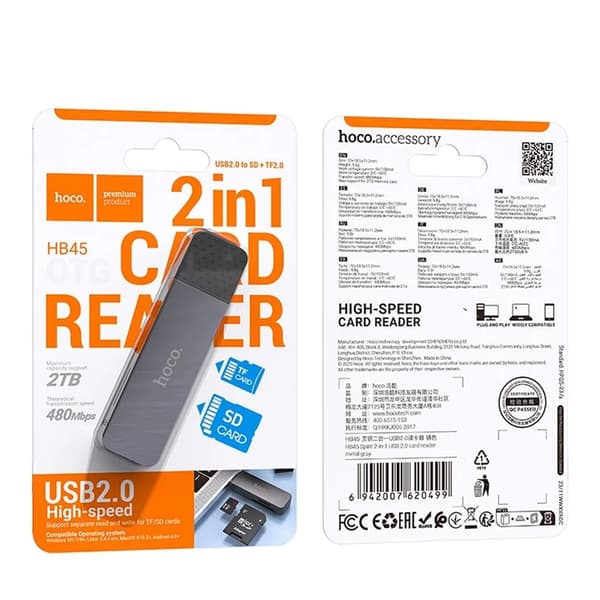 HOCO kortlæser 2i1 USB A 2.0 HB45