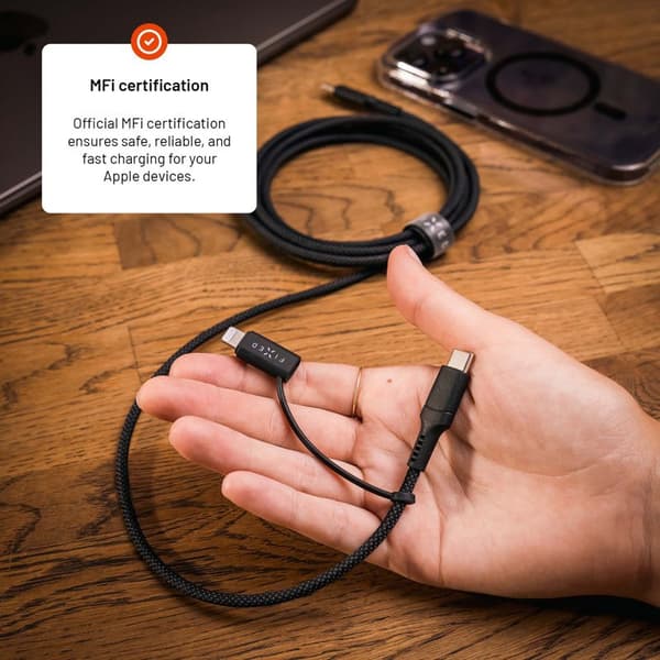 FIXED 2in1 Combo 60W USB-C/Lightning-kaapeli 1.2m Musta