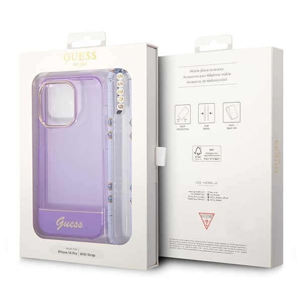 Guess-puhelinkotelo iPhone 14 Pro MagSafe Translucent Pearl Strap