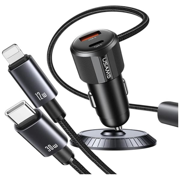 USAMS biloplader 66W 1xUSB-A 1xUSB-C med USB-C/Lightning-kabel