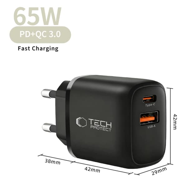 Tech-Protect 2-Port Hurtigoplader PD 65W/QC3.0 NCA65W-GAN - Sort