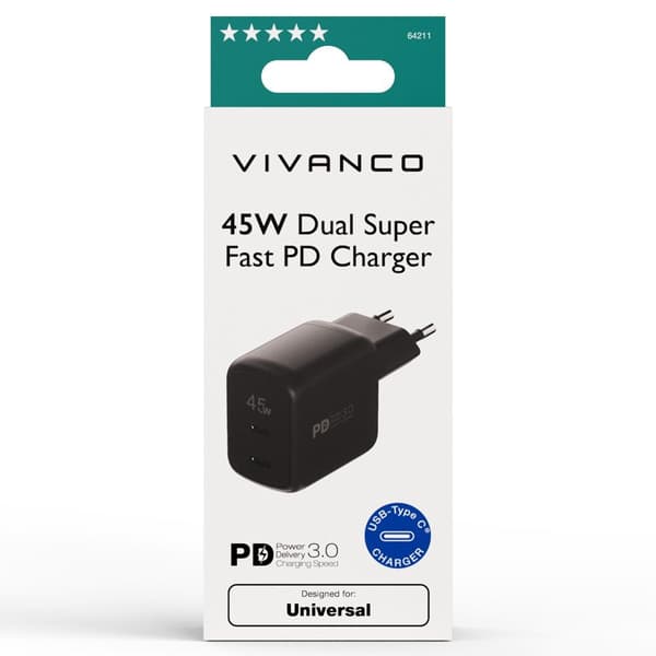 Vivanco Superhurtig 45W Dobbelt Hjemmeoplader Sort